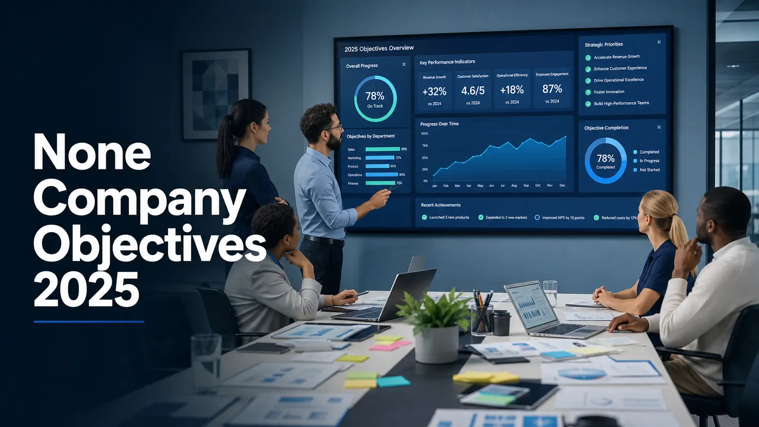 None Company Objectives 2025 — business team reviewing strategic goals and KPIs on a modern dashboard