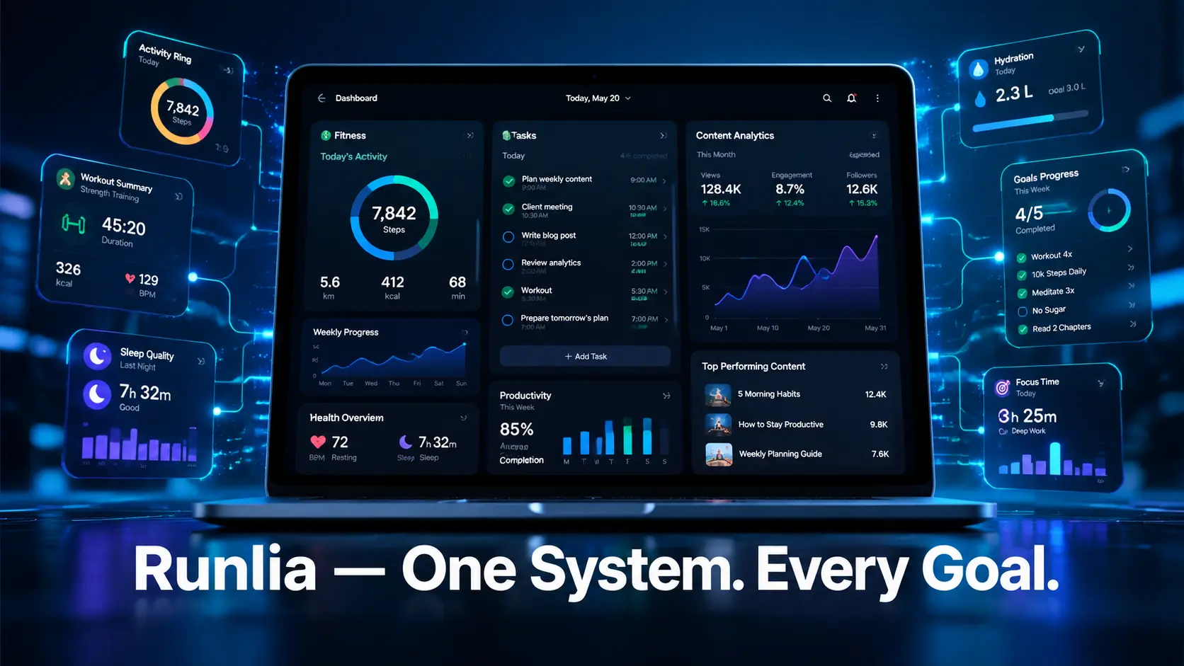 Runlia smart digital productivity system combining fitness work and content management in one platform