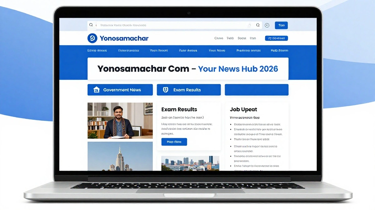 Yonosamachar com digital news platform showing government updates, exam results, and job notifications on screen